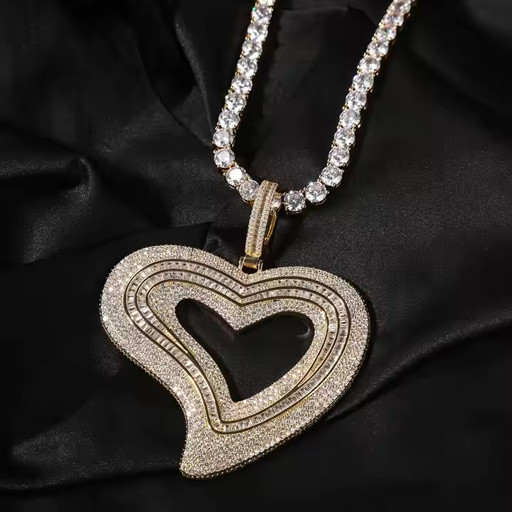 Triple Layer Moissanite Open Heart Pendant - Round & Baguette Iced OutPendant