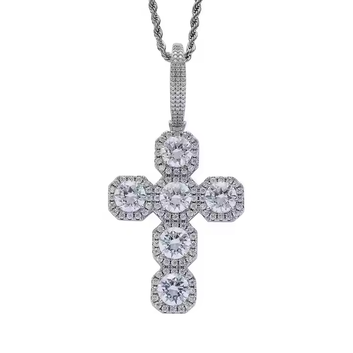 Luxury Round Cut Cross Pendant 925 Sterling Silver Hip Hop style jewelry