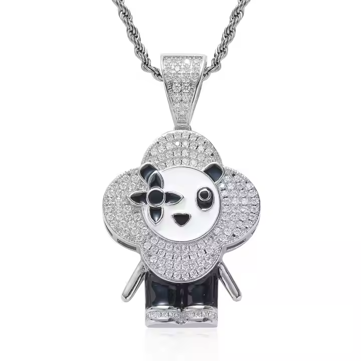 Luxury Iced Out Panda Flower Pendant 925 Sterling Silver Moissanite