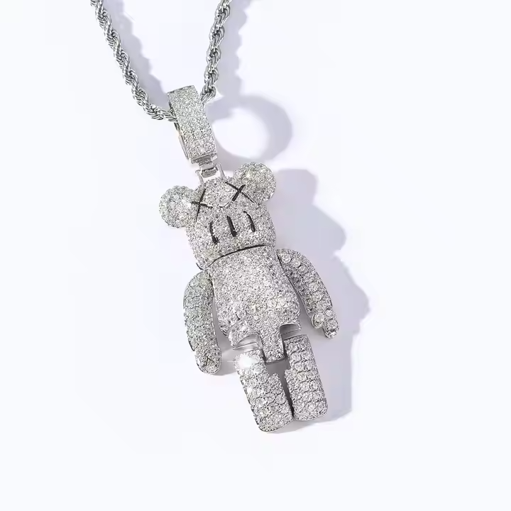 Hip Hop Bear Bricks Iced Out Pendant 925 Sterling Silver Jewelry