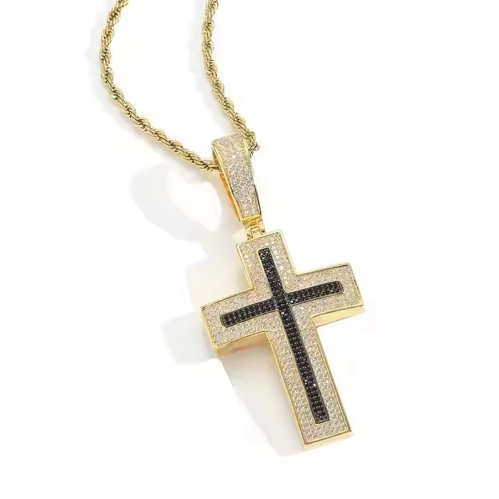 Iced Out Black & White Moissanite Cross Pendant 925 Sterling Silver