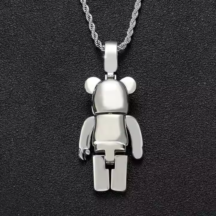 Hip Hop Bear Bricks Iced Out Pendant 925 Sterling Silver Jewelry
