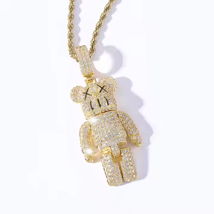 Hip Hop Bear Bricks Iced Out Pendant 925 Sterling Silver Jewelry