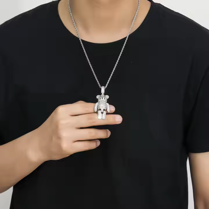 Hip Hop Bear Bricks Iced Out Pendant 925 Sterling Silver Jewelry