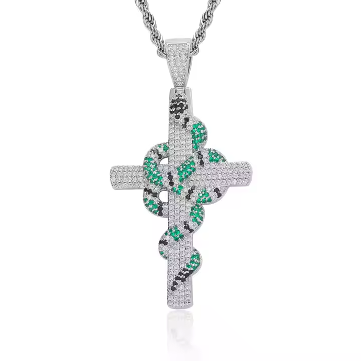 Hip Hop Iced Out Snake Cross Pendant 925 Sterling Silver Necklace