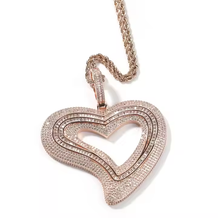 Triple Layer Moissanite Open Heart Pendant - Round & Baguette Iced OutPendant