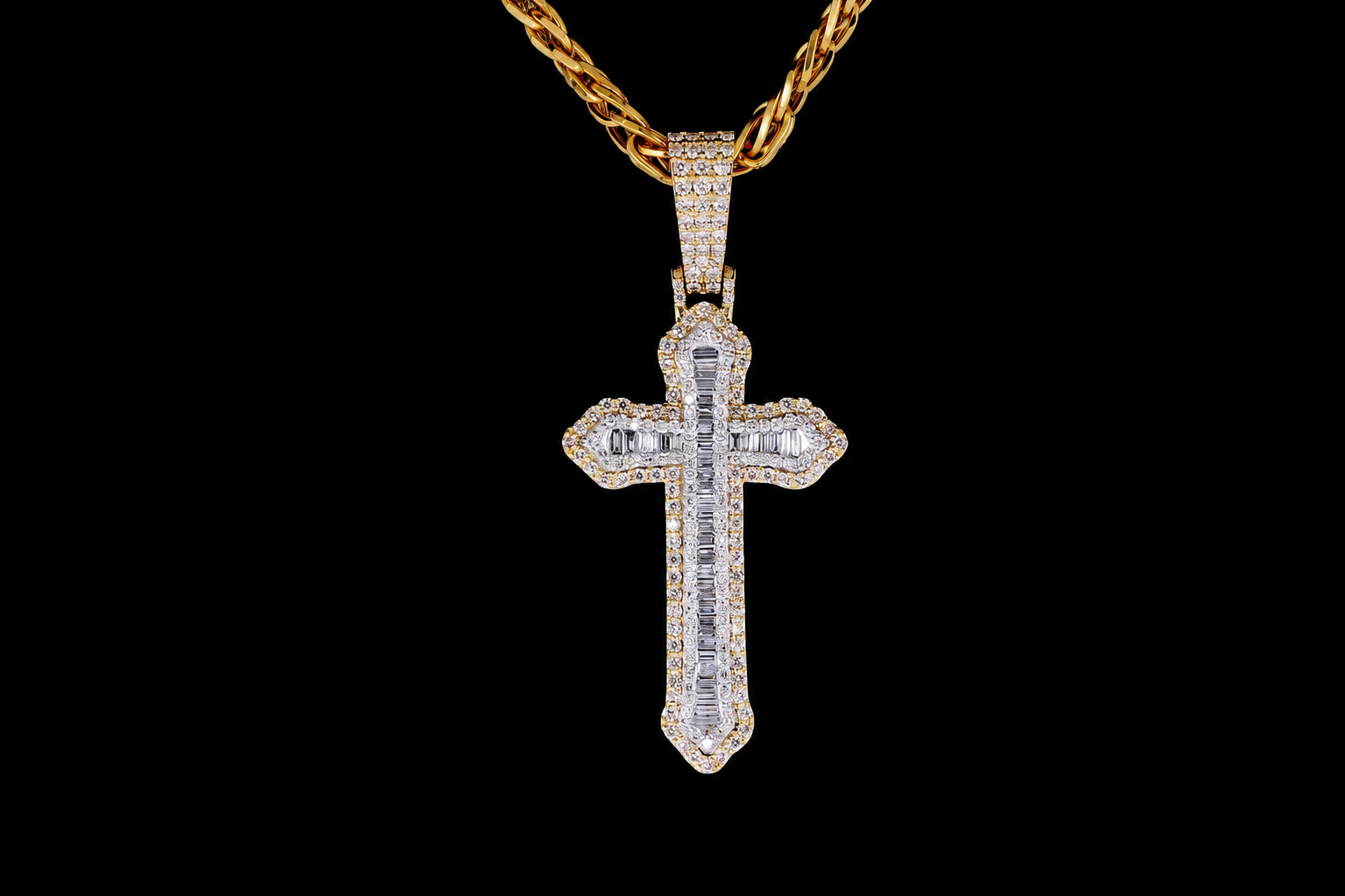 Hip Hop 2 Tone Cross Pendant - Baguette & Round 925 Sterling Silver Pendant
