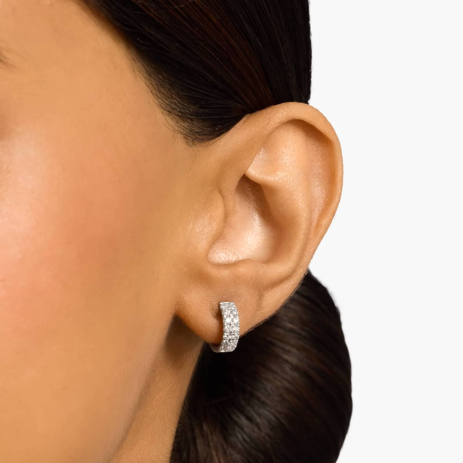 Lab Grown Diamond Double Row Pavé Huggie Hoop Earrings in Yellow Gold | Bridal & Wedding Jewelry