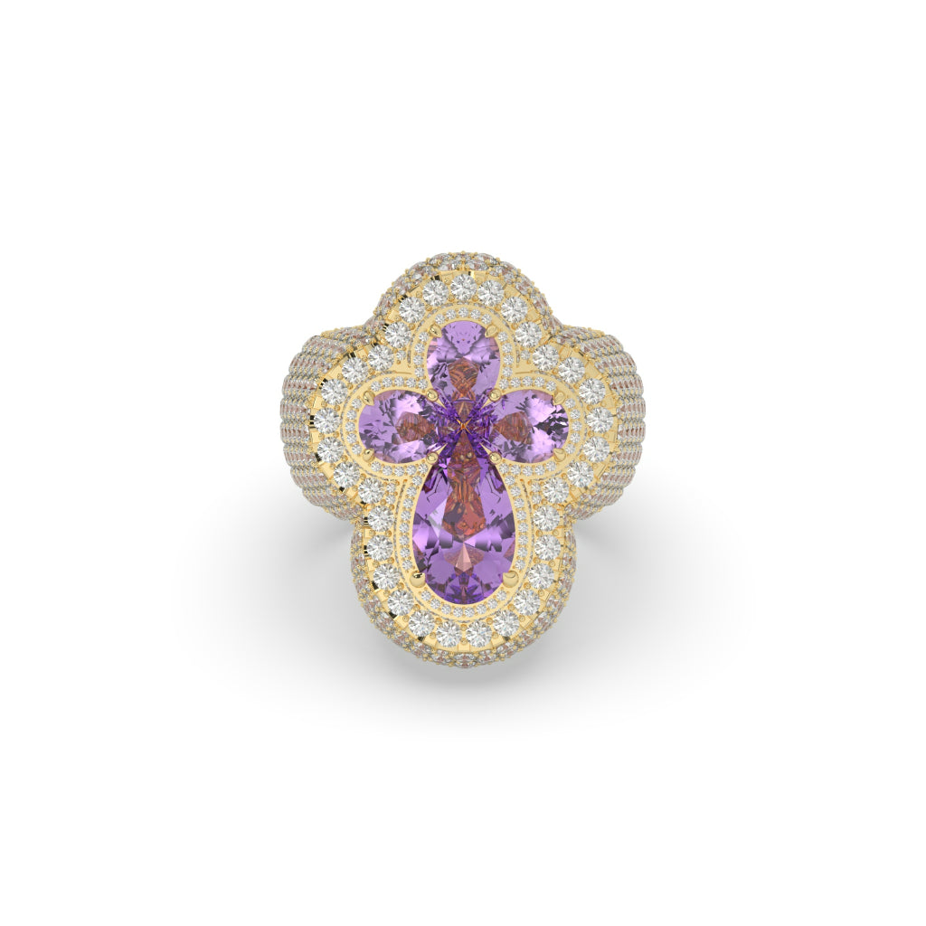 Purple Amethyst Cross Flower Ring 925 Sterling Silver hip Hop Jewelry