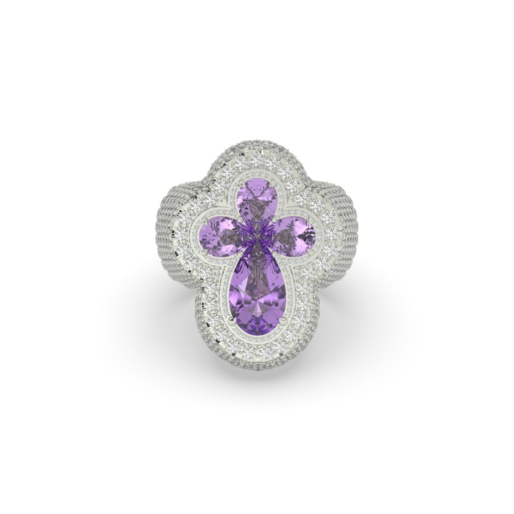 Purple Amethyst Cross Flower Ring 925 Sterling Silver hip Hop Jewelry