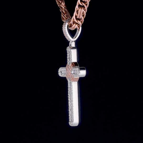 925 Sterling Silver Baguette Cross Pendant Lab Diamond & Moissanite