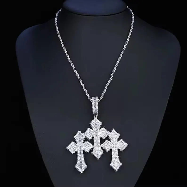 Iced Out Triple Cross Pendant 925 Sterling Silver Moissanite Pendant