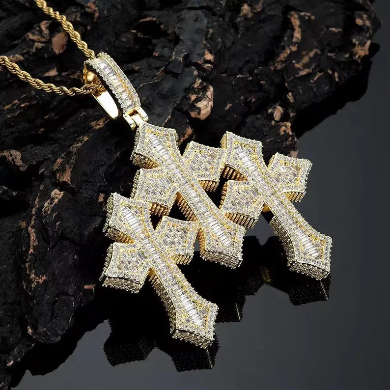 Iced Out Triple Cross Pendant 925 Sterling Silver Moissanite Pendant