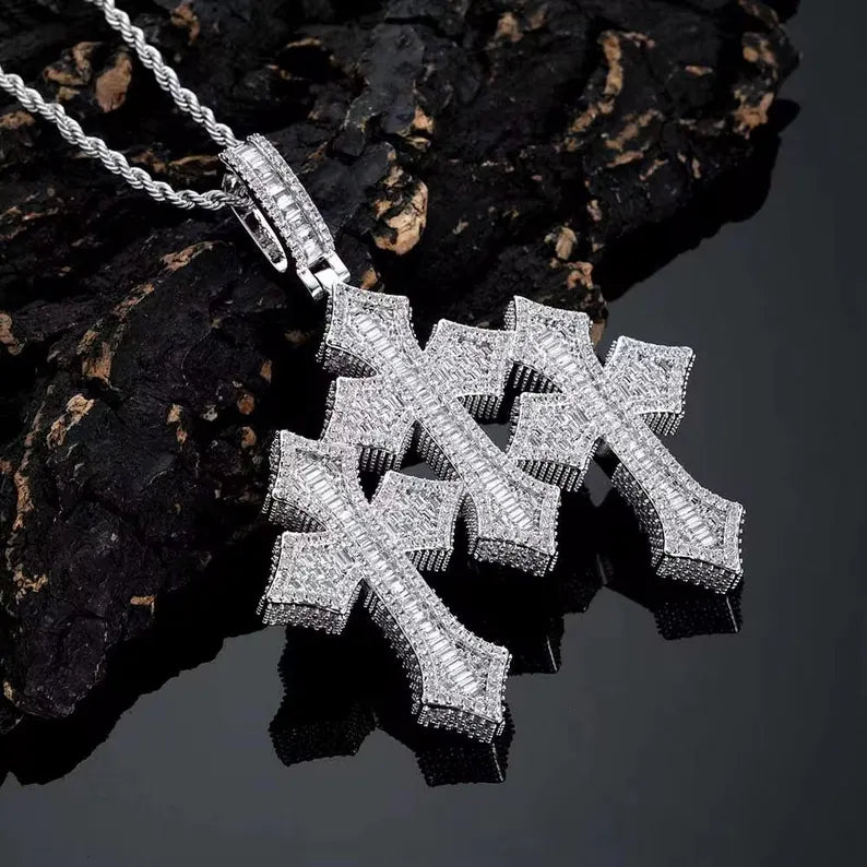 Iced Out Triple Cross Pendant 925 Sterling Silver Moissanite Pendant