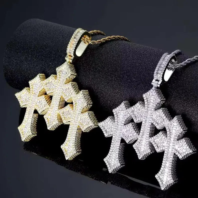 Iced Out Triple Cross Pendant 925 Sterling Silver Moissanite Pendant