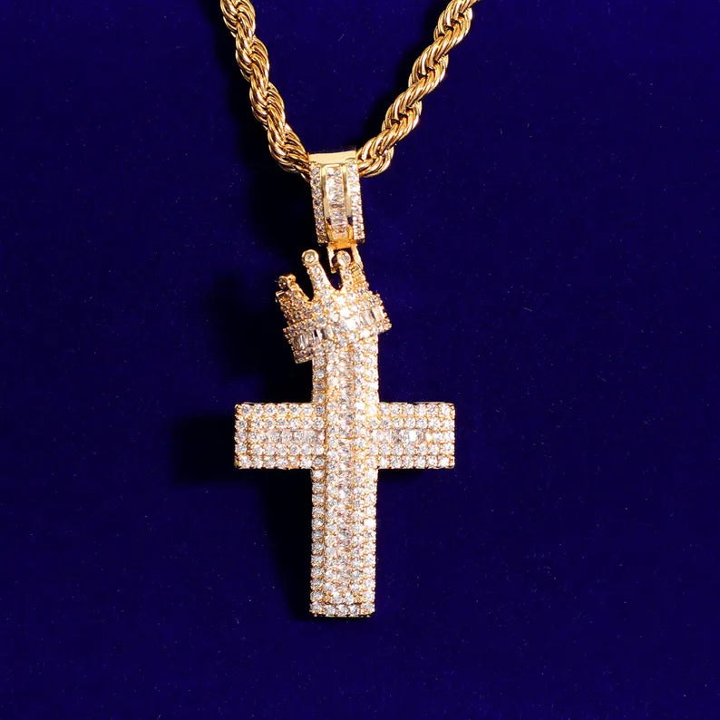 Hip Hop Crown Cross Pendant 925 Sterling Silver Moissanite