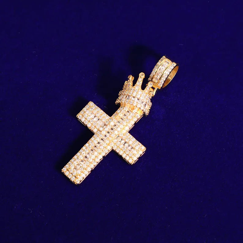 Hip Hop Crown Cross Pendant 925 Sterling Silver Moissanite