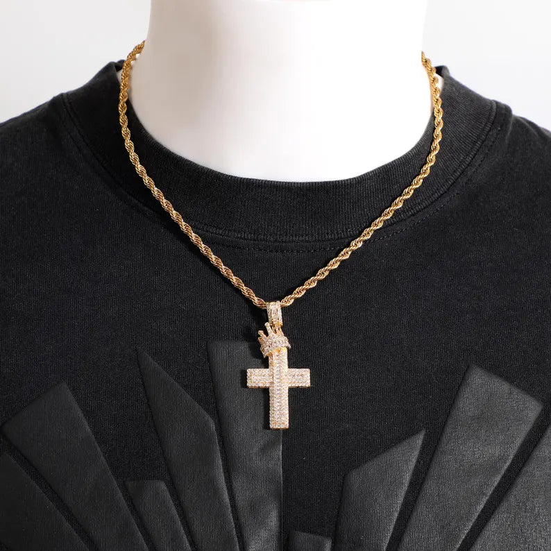 Hip Hop Crown Cross Pendant 925 Sterling Silver Moissanite
