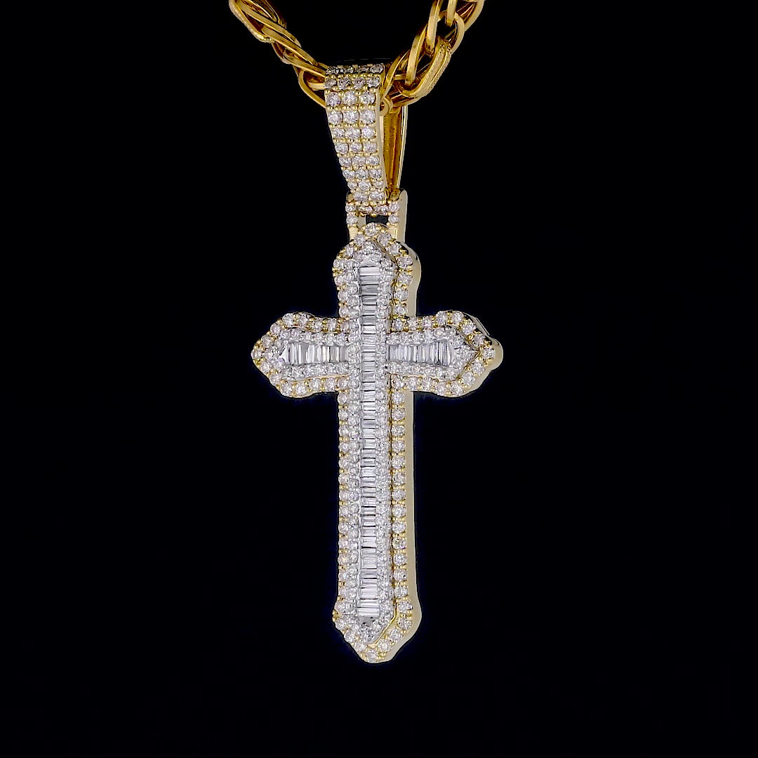 Hip Hop 2 Tone Cross Pendant - Baguette & Round 925 Sterling Silver Pendant