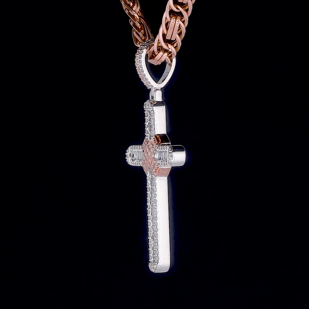 925 Sterling Silver Baguette Cross Pendant Lab Diamond & Moissanite