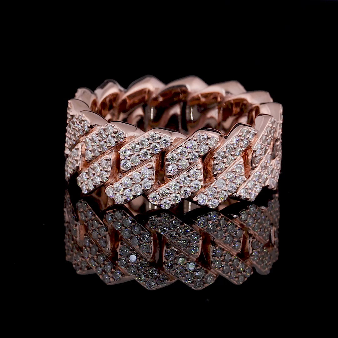 Luxury Rose Gold Baguette Moissanite Cuban Link Ring 925 Sterling Silver Hip Hop Style